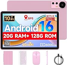 Tablet 10.1Inch Android 16.0, RAM 20GB(4+16Expand)+ROM 128GB, 6000mAh Battery, 2+8MP Dual Camera, 1280 * 800 IPS HD Touch Screen Tab PC Set with Keyboard+Mouse+Protective Case+Stylus (Pink)