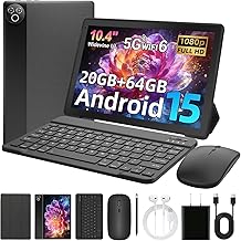 Android 15 Tablet, 10.4 inch Tablet, Android Tablets with Keyboard Pen Case Mouse Earphone, 20GB RAM+64GB ROM (TF 1TB), 5000mAh, WiFi 6, BT5.4, Dual Cameras & Speakers, Black