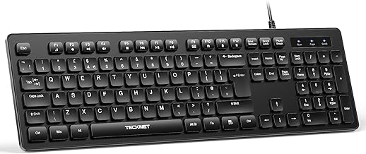TECKNET Wired USB Keyboard, Full-Size Silent Office Keyboard with Numeric Keypad, Spill-Resistant Design, QWERTY UK Layout, Compatible with PC Laptop Desktop Windows/Mac – Black