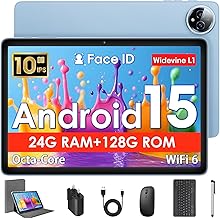 Tablet 10 Inch, Android 15 Tablets with Case, Mouse & Keyboard, Octa-Core, 24GB RAM+128GB ROM+1TB Expand, 1280 x 800 HD IPS Display, Dual Camera, 6000mAh, WiFi 6, BT 5.0, Widevine L1, GPS (Blue)