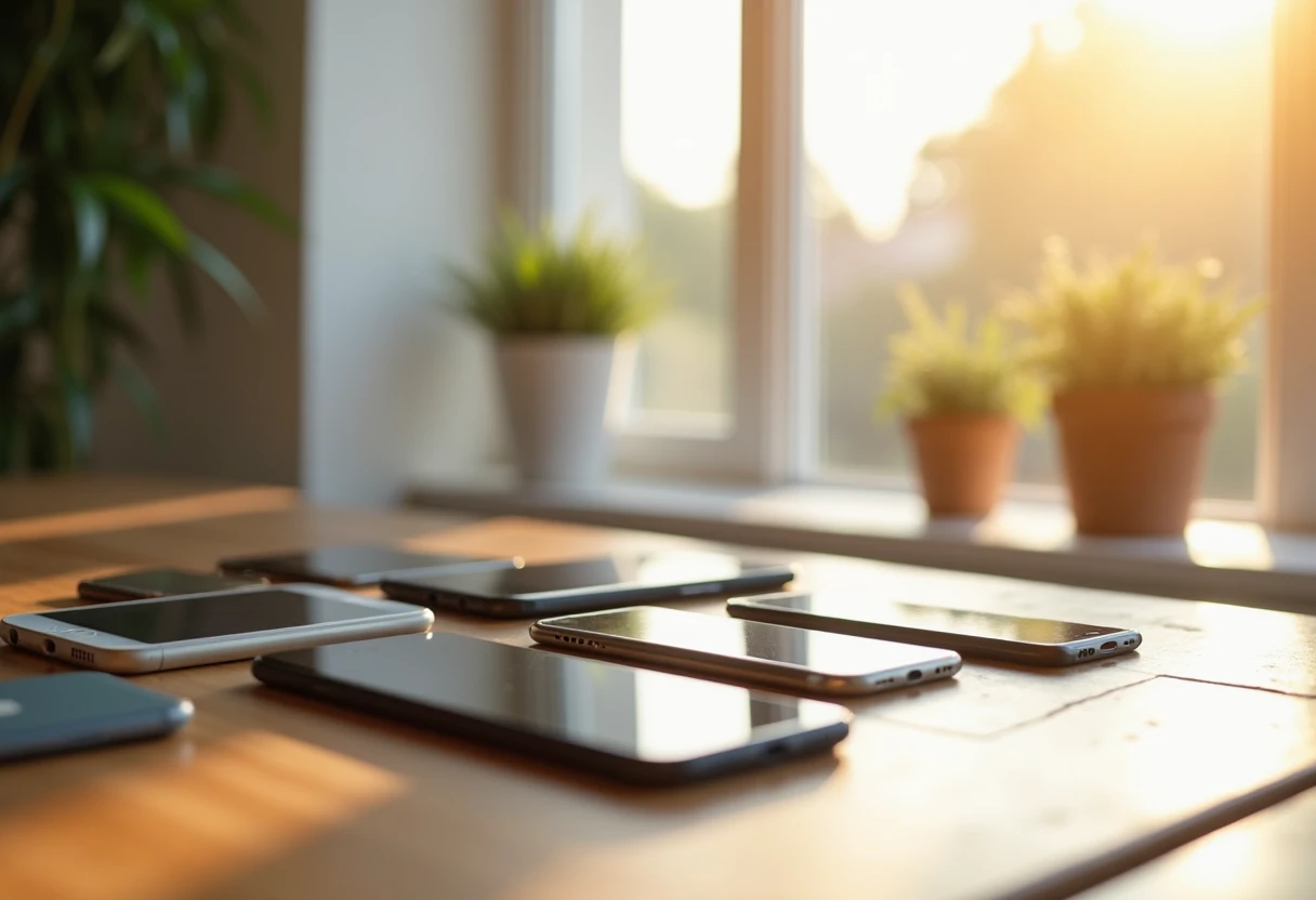 Smartphones and tablets on a table